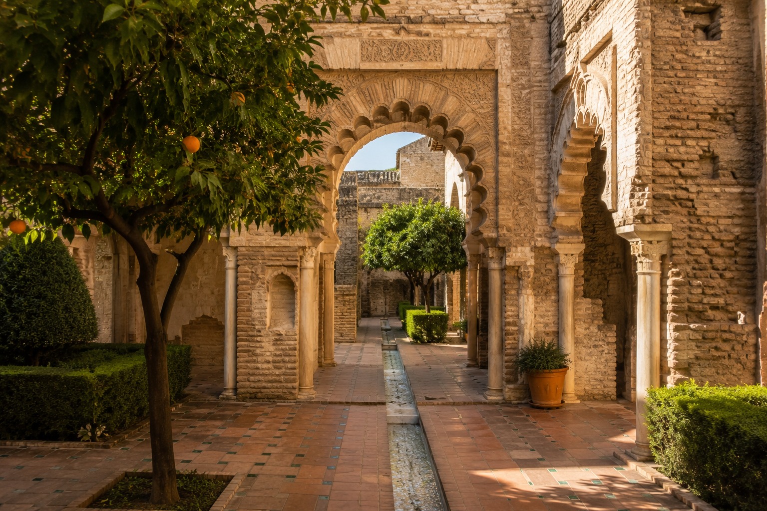 Innergård i moriska fästningen Alcazaba i Málaga med hästskobågar, apelsinträd och vattenkanal