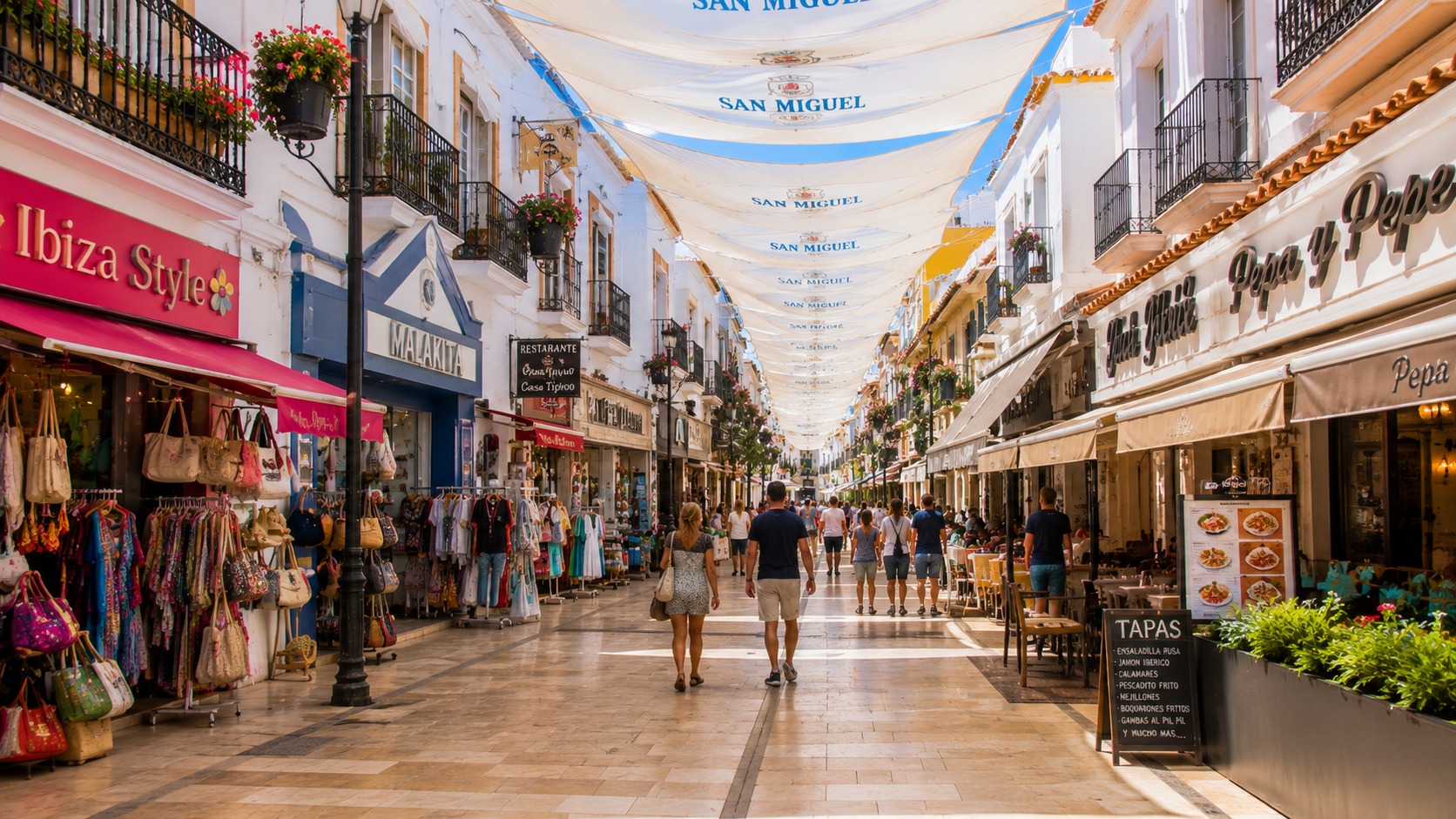 Gågata med tapasbarer och tygtak i centrala Málaga